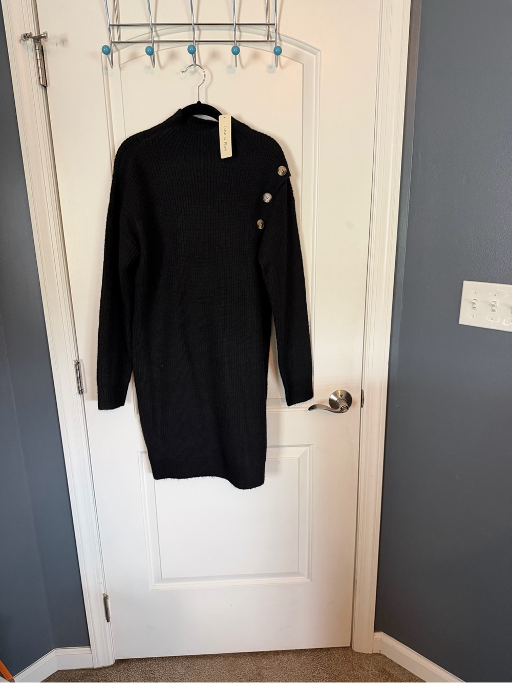 NWT Doe & Rae Black Long-Sleeve Button Shoulder Sweater Dress